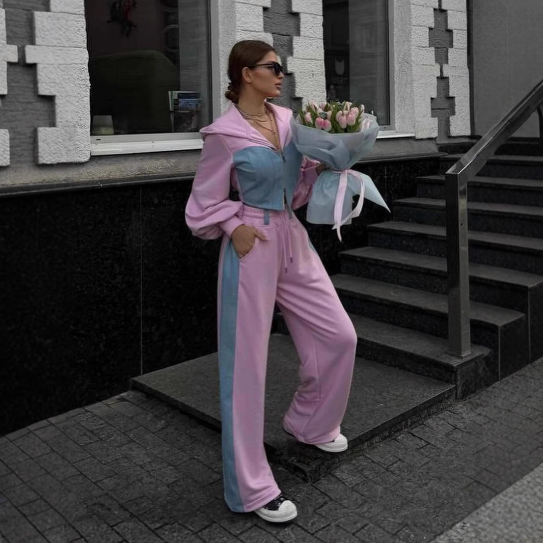 Casual Denim Stitching Hooded Sweater Suit with High Waist Trousers