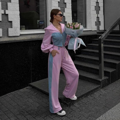 Casual Denim Stitching Hooded Sweater Suit with High Waist Trousers