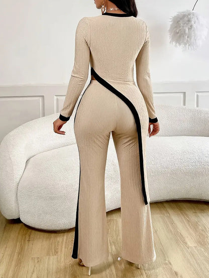 Side-Slit T-Shirt and Patchwork Trousers Set