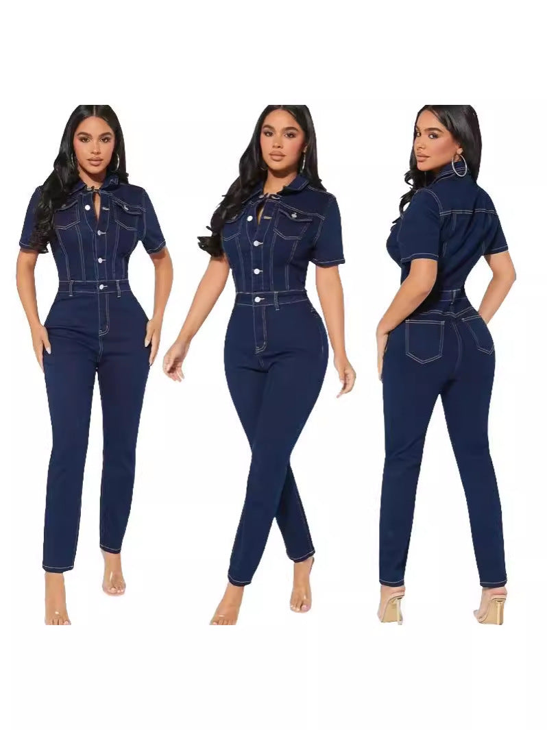 Women's Solid Color Denim One-piece Trousers