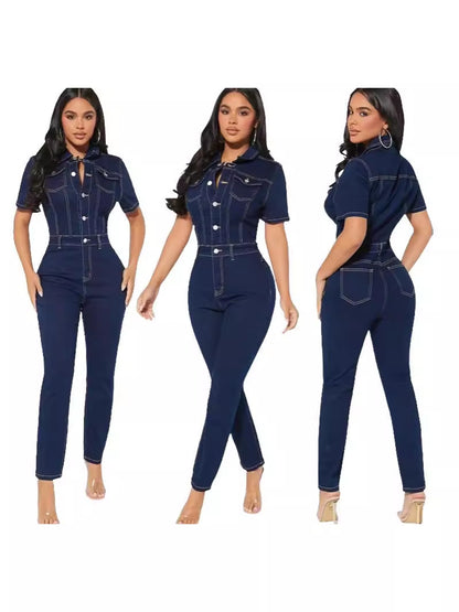 Women's Solid Color Denim One-piece Trousers