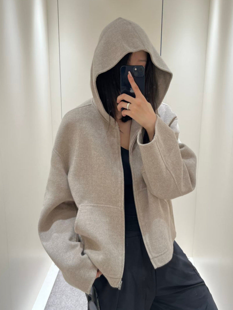 Wool Blend Hooded Coat Unisex Mid-Length Jacket