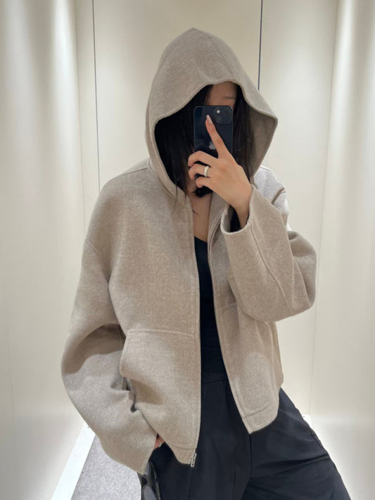 Wool Blend Hooded Coat Unisex Mid-Length Jacket