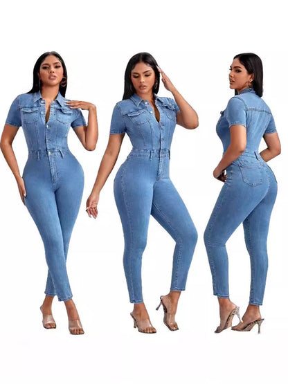 Women's Solid Color Denim One-piece Trousers