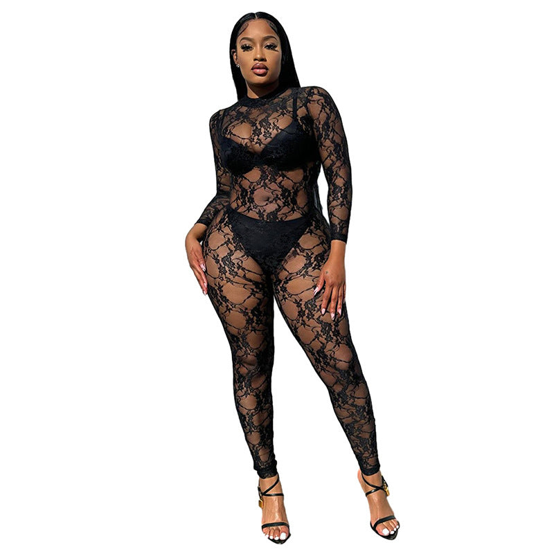 Women's Sexy Lace Long Sleeve One-Piece Trousers
