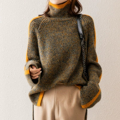 High-neck color-block knit sweater