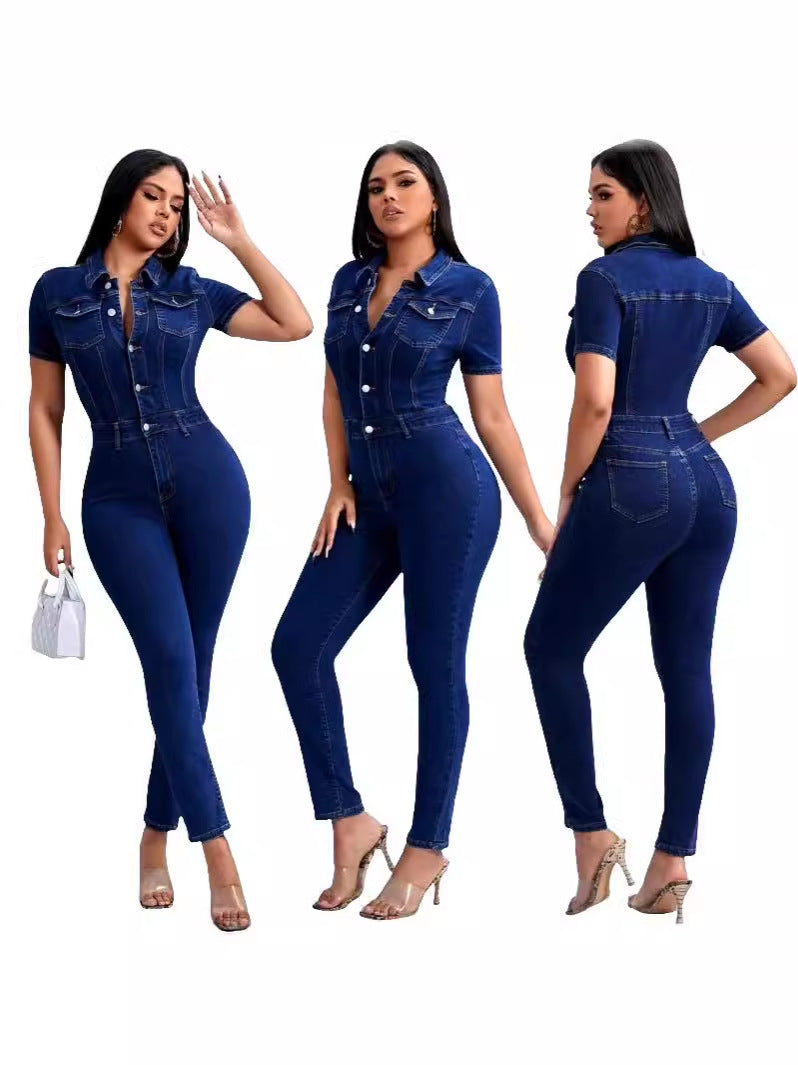 Women's Solid Color Denim One-piece Trousers