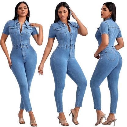 Women's Solid Color Denim One-piece Trousers