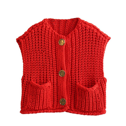 New Casual Knitted Short Sleeveless Fashion Cardigan Sweater Thick Yarn Open Front Versatile Top Loose Fit Woolen Ves
