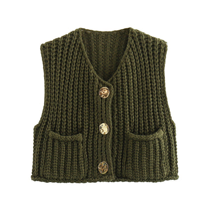 New Casual Knitted Short Sleeveless Fashion Cardigan Sweater Thick Yarn Open Front Versatile Top Loose Fit Woolen Ves