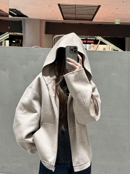 Wool Blend Hooded Coat Unisex Mid-Length Jacket