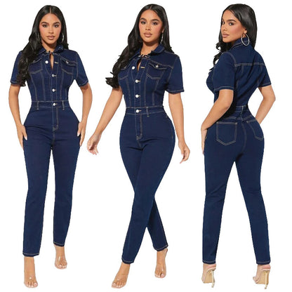 Women's Solid Color Denim One-piece Trousers