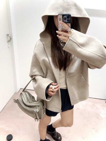 Wool Blend Hooded Coat Unisex Mid-Length Jacket