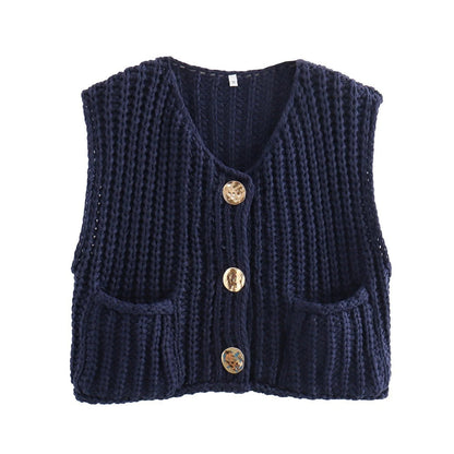 New Casual Knitted Short Sleeveless Fashion Cardigan Sweater Thick Yarn Open Front Versatile Top Loose Fit Woolen Ves