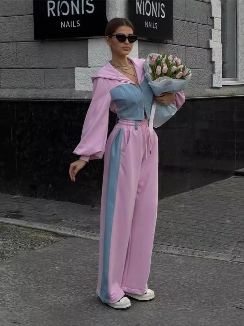 Casual Denim Stitching Hooded Sweater Suit with High Waist Trousers