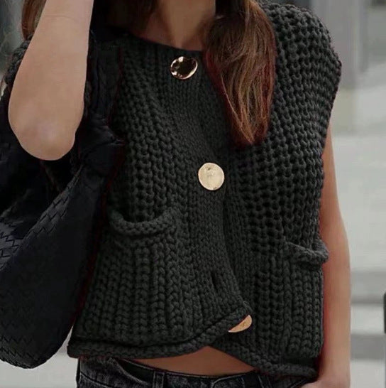 New Casual Knitted Short Sleeveless Fashion Cardigan Sweater Thick Yarn Open Front Versatile Top Loose Fit Woolen Ves