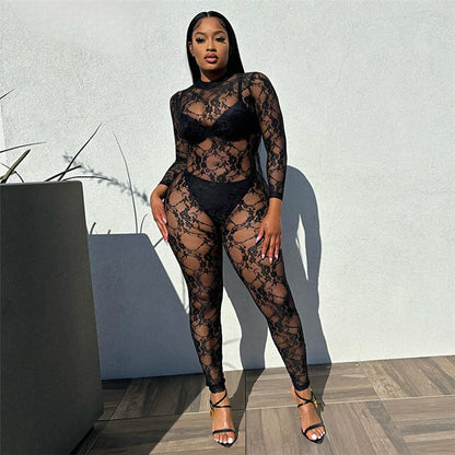Women's Sexy Lace Long Sleeve One-Piece Trousers